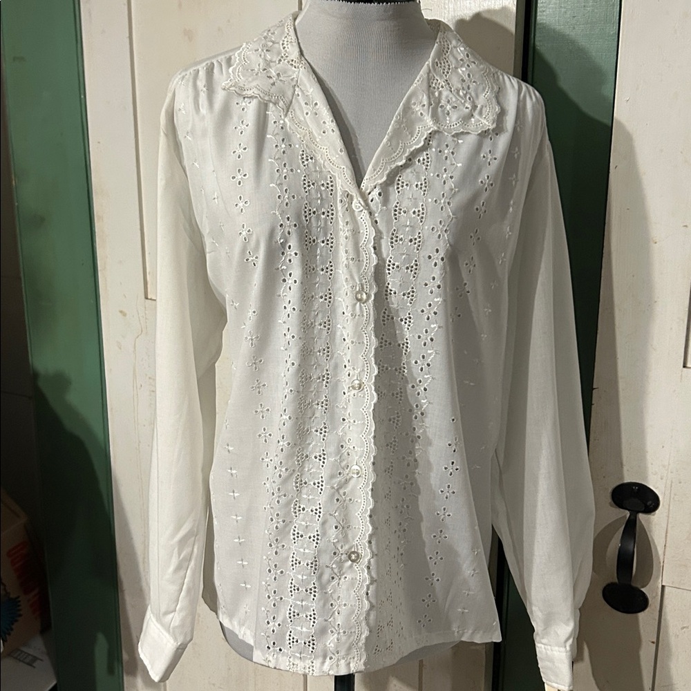 NOSWT David Peet Eyelet Blouse 80s Button Front  Office Girl Cottage Hippie Boho